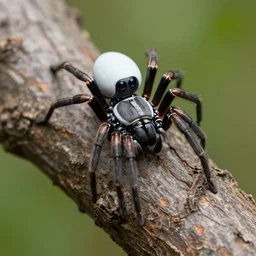 a robotic spider crawling over a tree. zoom in.