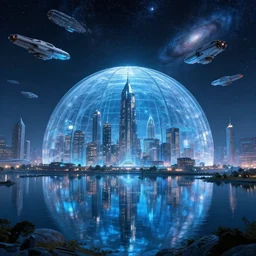 cyberpunk city, spacecrafts, galaxy, stars, glass dome, hyperrealistic, award winning, futuristic, photography, light diffusion, lake, blue, glass, extremely wide angle