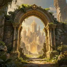 overgrown ruined stone archway into a magical city, beautiful, intricate, detailed, golden light, 3 d render, 8 k
