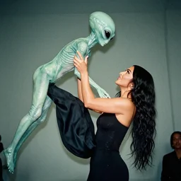 film still of kim kardashian being held up in the air by an alien, 8 k