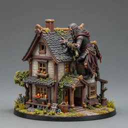 a studio photograph of a painted fantasy miniature of a rogue thrift creeping round a house