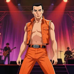 portrait of freddie mercury, concert stage background, rich vivid colors, ambient lighting, dynamic lighting, 4k, HQ, official media, anime key visual, makoto shinkai, ilya kuvshinov, lois van baarle, rossdraws, detailed, trending on artstation