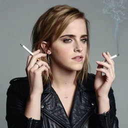 color studio photo of emma watson smoking a cigarette, face tattoo, leather jacket
