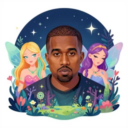portrait of kanye west stars in the sky fairies with detailed faces enchanted forest on the ground psychedelic wide angle shot white background vector art illustration gears of war illustration gta 5 artwork of kanye west, in the style of gta 5 loading screen, by stephen bliss by hieronymus bosch and frank frazetta