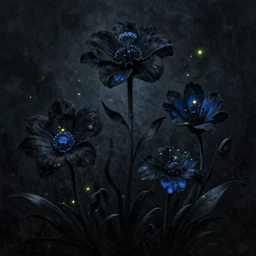 beautiful _ digital _ matte _ painting _ of _ whimsical _ botanical _ illustration _ black _ and _ blue _ flowers _ with _ fireflies _ enchanted _ dark _ background _ dark _ contrast _ by _ android jones