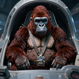 Karl Pilkington wearing a gorilla suit, sitting in a space ship cockpit