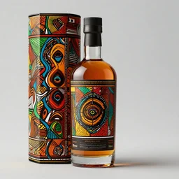 african pattern packaging design, bold colours, playful, premium quality, glass bottle, packaging design, shots liquor, front label and bottle