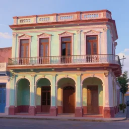 beautiful painting of cuban houses and storefront without characters, colonial architecture, intricate and smooth colors, front view, trending in artstation, colorful octane render, beautiful dawn light, cinematic composition, art style by pixar and michal sawtyruk