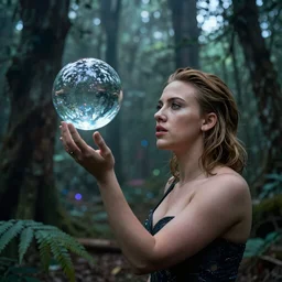 scarlett johansson in psychodelic dmt lsd forest looking at a shiny sphere, photorealistic, artgerm, artwork by Rossier, Jessica