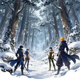 anime forest winter landscape, intricate details, fantasy, elegant, highly detailed, digital painting, artstation, concept art, smooth, sharp focus, illustration, wide angle, artbook, splash art, promo art, soul calibur, league of legends, art by artgerm and greg rutkowski and bo chen and jin xiaodi
