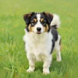 beautiful cute portrait post - impressionist painting of a dog in the grass, by henri de toulouse - lautrec, camille pissarro, paul cezanne, henri rousseau, vincent van gogh, henri - edmond