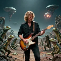 wide - shot of roy buchanan playing his telecaster for an audience of lizard people on an alien planet, photorealistic