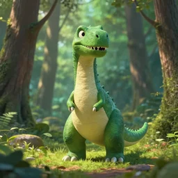 a post modern dinosaur in the woods, central composition, shape focus, ultra detailed, by ghibli pixar disney photorealistic renderman
