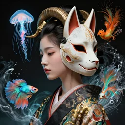 3 d goddess close - up profile portrait biomechanics with ram skull. beautiful intricately detailed japanese crow kitsune mask and clasical japanese kimono. betta fish, jellyfish phoenix, bio luminescent, plasma, ice, water, wind, creature, artwork by tooth wu and wlop and beeple and greg rutkowski. gold black teal and orange color scheme