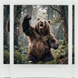 very realistic! epic pose!!!  bulky oversized  grizzly bear screaming flexing  ,in forest jungle ,   Cinematic focus, Polaroid photo, vintage , neutral dull colors, soft lights, foggy mist ,  by oleg oprisco , by national archives,  by discovery channel, by victor enrich , by gregory crewdson