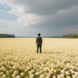 man stands on a meadow made of popcorn, fantasy art