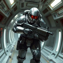 armor - plated soldier, wearing a battle helmet, carrying a plasma rifle, running down the corridor of a spacecraft, art by emmanuel shiu