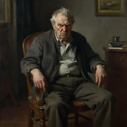 angry old man in chair inside a dark house, painting by tim bradstreet