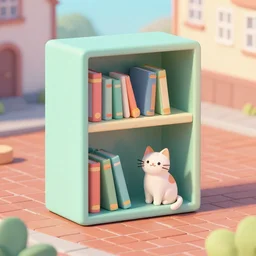public book shelf box with a cat, brick streets, nordic pastel colors, 3 d art, digital illustration, perfect lighting