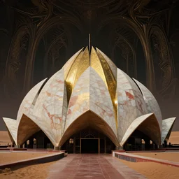 eerie dark interior of a futuristic lotus temple with gold, red and white marble panels, in the desert, by buckminster fuller and syd mead, intricate contemporary architecture with art nouveau motifs, photo journalism, photography, cinematic, national geographic photoshoot