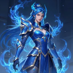 young battle mage, brilliant royal blue, flames surround her, intricate detail, ornate, digital artwork by artgerm and wpol and sarasti, android jones, artstation