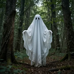 realistic optical illusion of a ghost that looks like a skelet into the woods