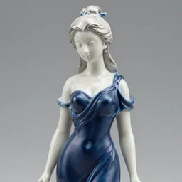 statue of the perfect woman, porcelain, silver, blue soft details, soft!!, dark blue silk dress ( desgined by apple ), studio photo, octane render, studio lights, 5 0 mm lens