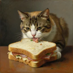 an oil painting of a cat eating a big sandwich, by Rembrant. The cat has some food in it\'s mouth