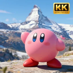 kirby from the video game in front of the matterhorn. photo, sharp focus, 8 k.