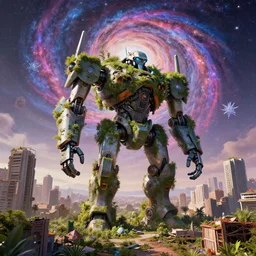 A giant robot in city ruins overtaken by vegetation, Little planet, An Odyssey Beyond Reality, cinematic, hyper realism, high detail, octane render, unreal engine, 8k, vibrant color, from the spirals of galaxies to the hexagonal shapes of snow crystals!, a desolate alien world full of rich colors!!, unique architecture, by andrea chiampo and chet zar