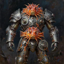 oil painting nightmare macerated epic triple tiered panulirus ornatus fused with gearboxes in wrecked armors, cinematic, fine art, by jack gaughan, shigeru komatsuzaki