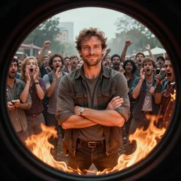 Fish eye lens way too close to the confident man calmly standing in the middle of a fire while remaining unharmed, his arms crossed as he smiles wryly. The stunned crowd behind him gasps and cheers. Cinematic, Award winning, ultra high resolution, intricate details, rendered with unreal engine, UHD 8K