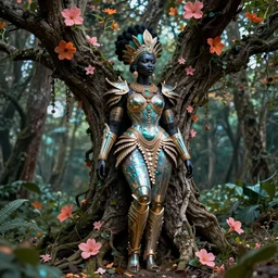 hyperrealistic neo - rococo cinematic super expressive! yoruba goddess with exoskeleton armor, merging with tree in a forest, pink orange flowers, highly detailed digital art masterpiece, smooth cam de leon eric zener dramatic pearlescent soft teal light, ground angle hd 8 k, sharp focus
