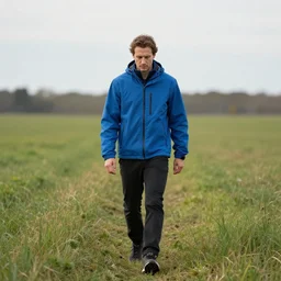 destiny ( steven bonnell ii ) in a blue jacket walking in a field, 5 0 mm sigma lens, sony a 7 siii