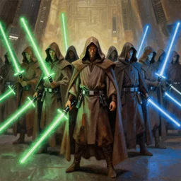 a painting of an army of jedi, cloaked, hooded, green and blue lightsabers, jedi temple
