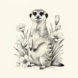 detailed amazing tattoo stencil of a meerkcat standing flowers