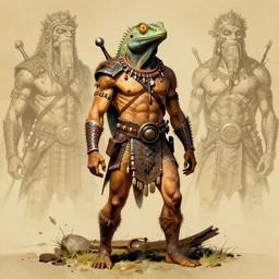a full body portrait of lizardman warrior concept, tribal, portrait by beksinski and moebius, background by moebius