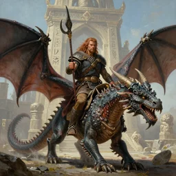 panoramic portrait painting of very handsome and savage barbarian riding a majestic epic dragon, full body view and focus of high detailed photo realistic face, wearing ancient barbarian clothing in the style of conan, centered, rule of thirds photo, hyper realistic, runic temple in the background, sharp focus, intricate oil painting, concept art illustration masterpiece trending on artstation pixiv fanbox by wlop and greg rut