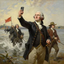 oil painting of Washington Crossing the Delaware but Washington is taking a selfie with an iPhone