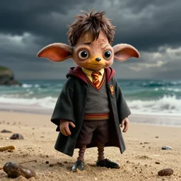 a dramatic photograph of harry potter!! but as dobby on beach, cinematic, octane render, deviantart, 4 k