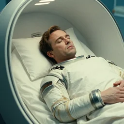 a close-up of Ripley sleeping inside an all-white cryogenic sleeping pod by Ridley Scott, Alien movie, grainy, bluish and cream tones