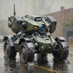 a concept art of a renault war mech, highly detailed, fine art, oil painting, rainy day, trending on artstation by famous artists