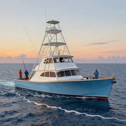 A painting of a offshore sport fishing boat with fishermen on deck at sunrise trolling a well defined weed line, inspired by Guy Harvey, Sport Fishermen, digital art, insanely detailed, hyper detailed photorealistic, ambient lighting, award winning, stunning