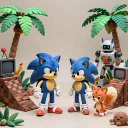 still from a 1 9 9 2 live - action stop - motion puppetry tv show by tim burton starring sonic the hedgehog and tails and dr. robotnik and robotic animals in tropical dioramas. everything is made of plasticine, fabric, and other physical materials. the diorama contains brown checker - patterned ramps and small crt monitors. photographic ; realistic ; highly - detailed.