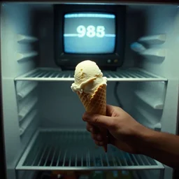 an ice cream cone opening a fridge filled with a river, from 1 9 8 5, bathed in the glow of a crt television, crt screens in background, low - light photograph, scene from a jj abrams movie 6 6 6 6 6 6