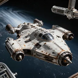 a diy spaceship capable of warp speed, realistic appearance with lots of details like nuts and bolts, rusty parts in the hull. the engines are powered on and we see it from the bridge of a space station, in the style of edward hopper