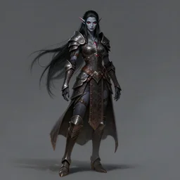 full body portrait of a beautiful female night elf warrior with grey skin and red eyes. black hair. sombra hair cut. full set of leather armour, ethereal fantasy art, yoshitaka amano,