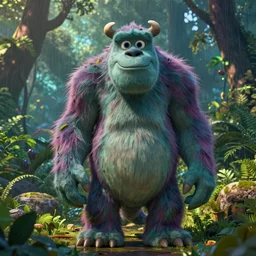 fur full body monster, rainforest, 3d, realistic, pixar style