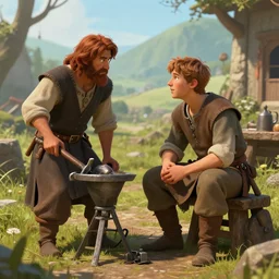 medieval peasant boy talking to blacksmith, artstation, fantasy