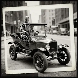 cyberpunk 1 9 0 8 model ford t by paul lehr, beksinski, metropolis, parked by view over city, vintage film photo, robotic, silent movie, black and white photo, damaged photo